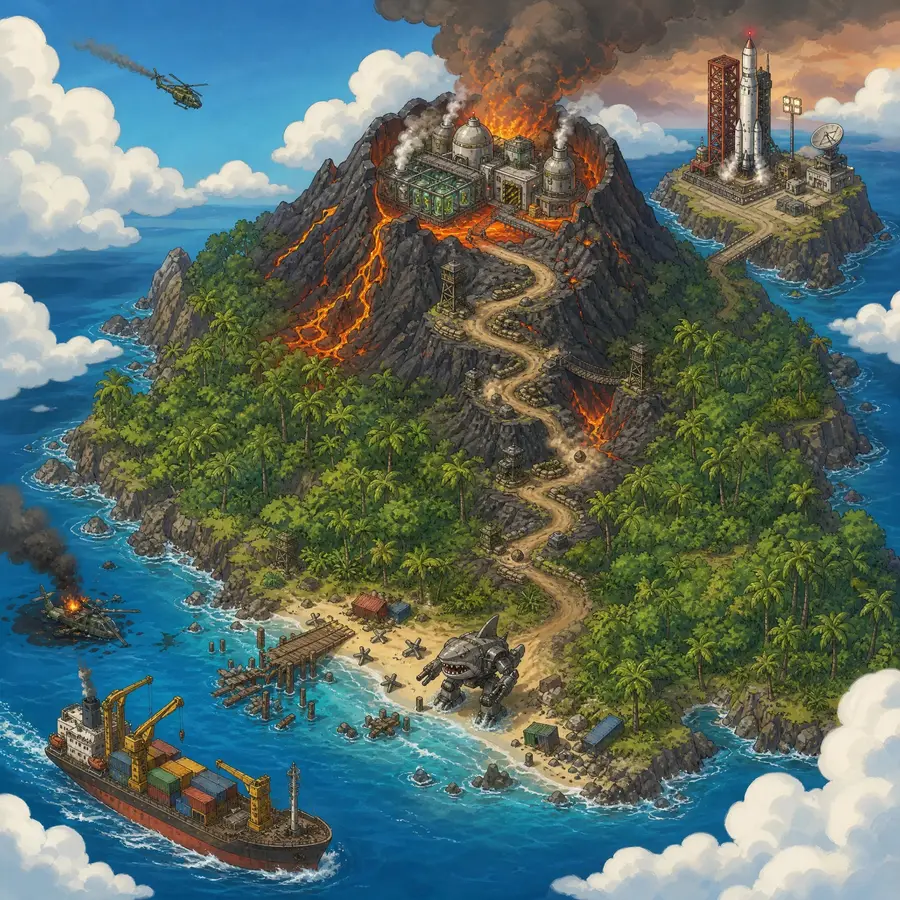 Painted campaign map of Isla Korvac: a volcanic island with a freighter on the reef, a lab and a rocket on its launch pad.